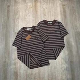 MIUMIU Carta rayas cuello redondo camiseta de manga corta suelta en capas puro algodón unisex bolsil  