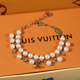 Louis Vuitton LV oro metal fina cadena perla carta flor colgante pulsera-3655  