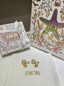 Dior oro estrella perla doble bola pendientes-3707  