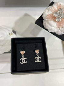 Chanel rosa pequeño corazón plata completo diamante doble C pendientes-3747  