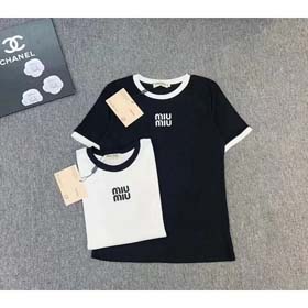 MIUMIU 2025 verano nuevo cuello redondo contraste color carta impresión suelta manga corta camiseta-  